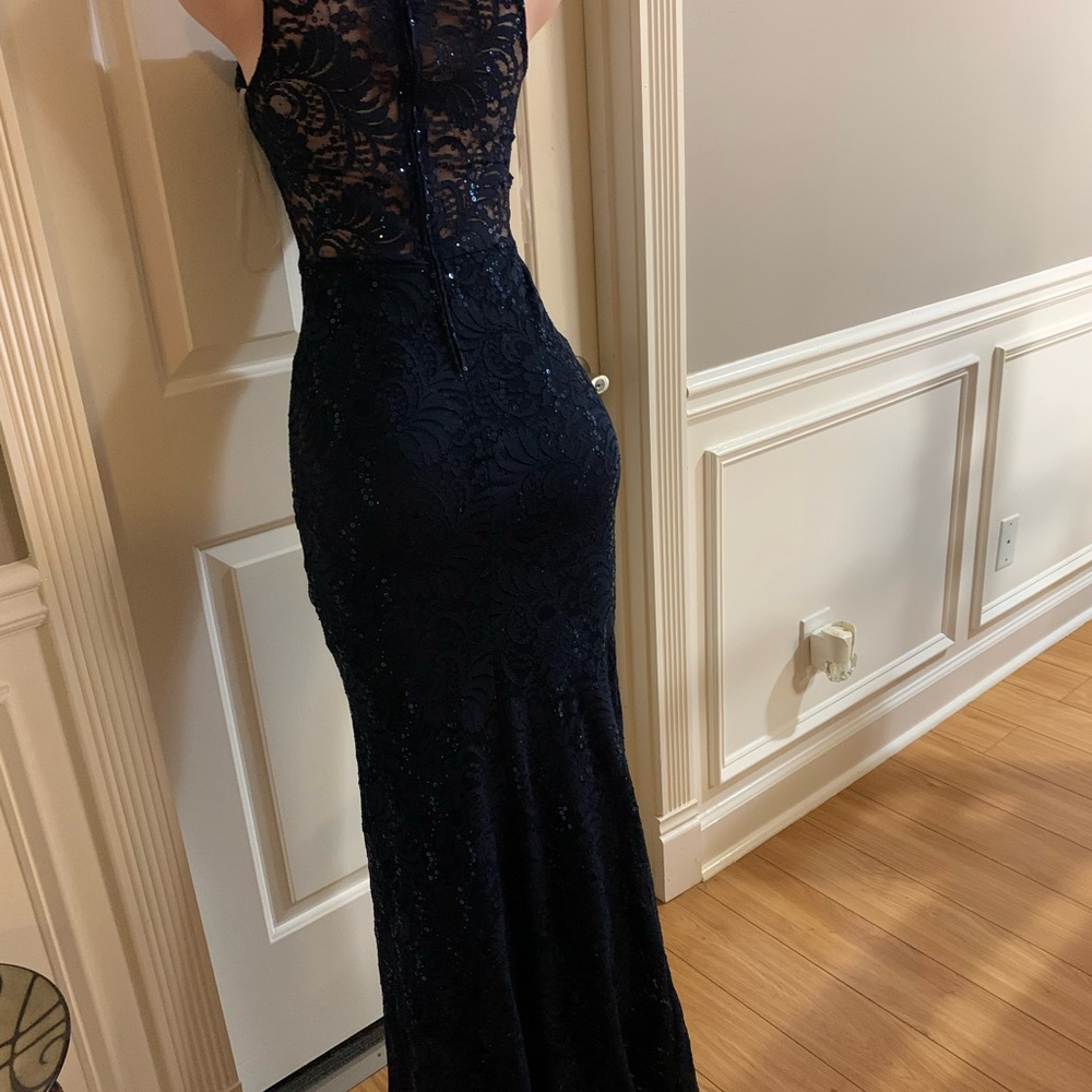 Women junior blue navy lace sequins halter bodycon mermaid maxi dress size (S) - Picture 11 of 13
